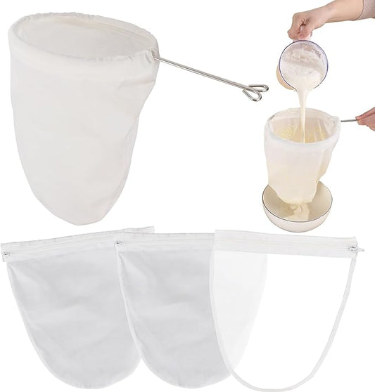 5 Pcs Premium Ultra Fine Mesh Strainer Bags with Stainless Steel Handle, Reusable Nut Milk Bags, Cheese Cloths for Straining Juice, NutMilk, Coffee, Thai Tea, Yogurt and Soup (Large)