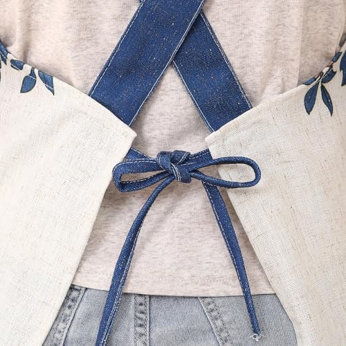 patdrea Blue Floral Linen Apron with Pocket,French Kitchen Garden Chef BBQ Aprons for Women and Men,Crisscross Back Straps - Image 7