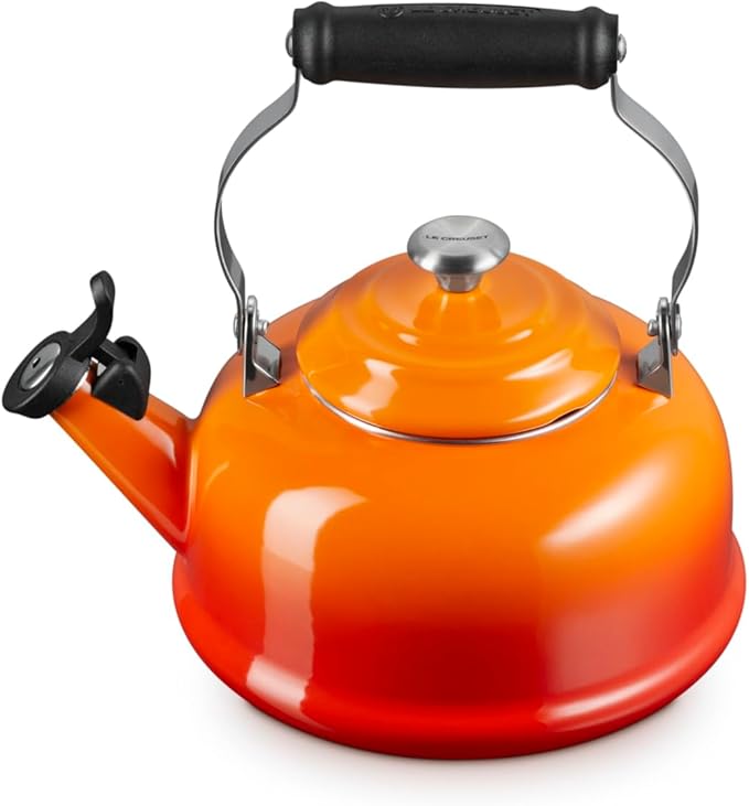 Le Creuset Enamel On Steel Whistling Tea Kettle with Metal Finishes, 1.7 qt., Flame