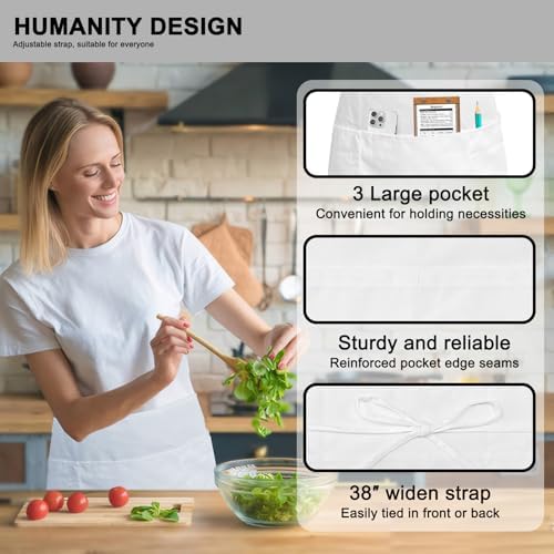 PLOYMONO 3P White Server Apron with 3 Pockets, Short Waist Waitress Apron | Polyester Short Waiter Apron with 3 Deep Pockets, Great for Restaurant Servers, Bartenders, Hosts, Baristas - Image 2