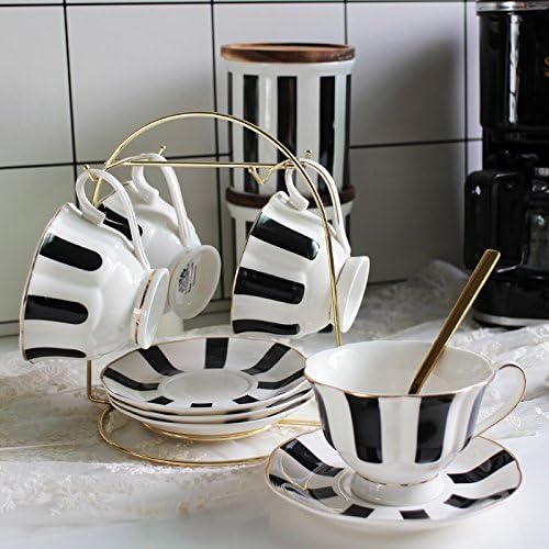 Black and White Retro Series European Striped Polka Dot Coffee Cup and Saucer Mug Cake Plate Afternoon Tea Set (A)