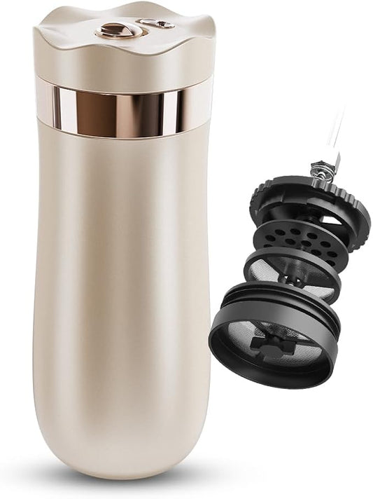 BENFUCHEN Travel Coffee Press, Vacuum Insulated Portable French Press, Stainless Steel Portable Coffee Maker/Tea Press, 12oz, Beige