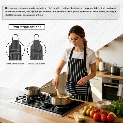 Chef Apron Bib Apron with 2 Large Pockets Adjustable Neck Strap Kitchen Apron Cooking Apron Stripes Baking Apron - Image 2