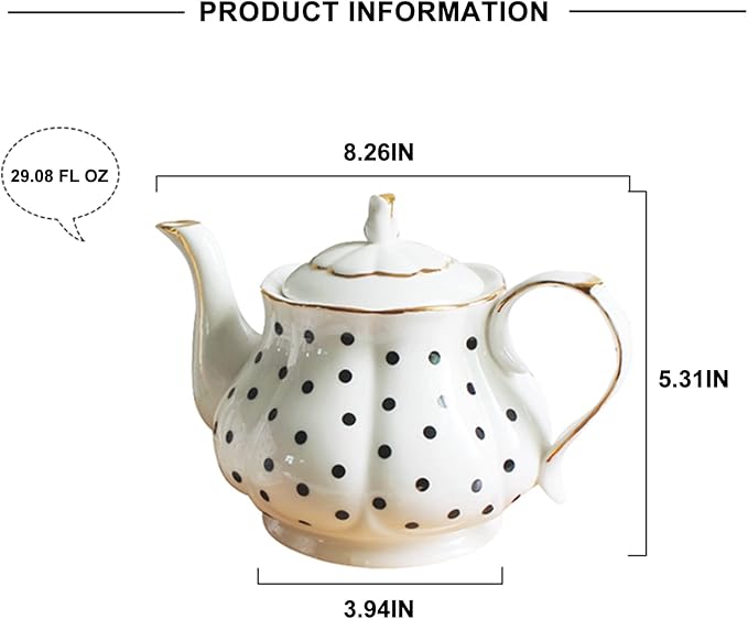 European Style Teapot Handmade Ceramic Teapot Pumpkin Fluted Shape Vintage Tea Party Set Gift (Polka dot)
