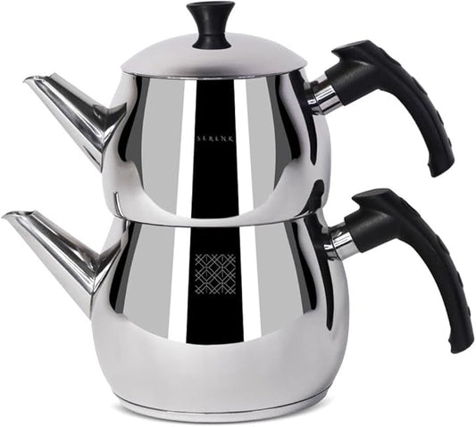 Serenk Modernist Stainless Steel Teapot | 1 L Top, 1.5 L Base, Induction Ready, Mirror Finish, Cool-Touch Handles, Elegant, Durable, Dishwasher Safe