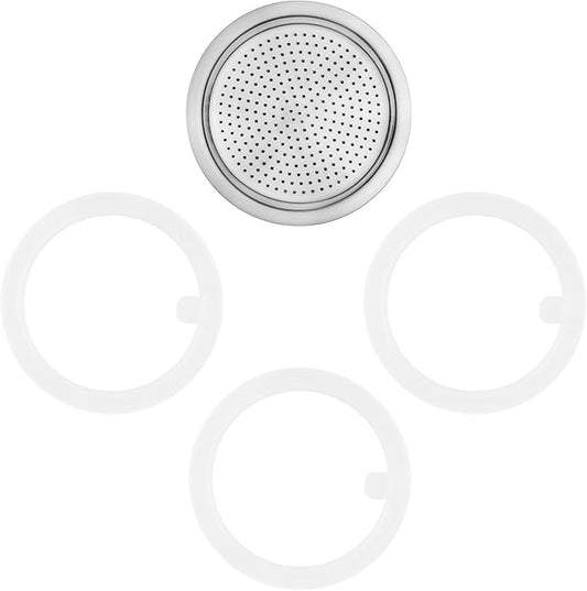 wedrink 1 Filter and 3 Silicone Gasket Seals Replacement for Stainless Steel Moka Pot and Stovetop Espresso Coffee Maker(4 Cup)