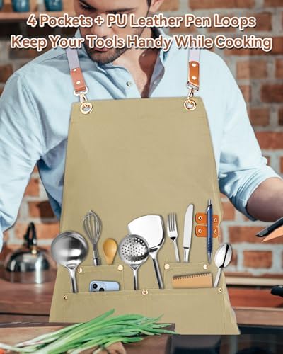 Teskyer Canvas Kitchen Apron with 4 Pockets | Cross Back or Adjustable Strap Design, 4 Utility Pockets, Water & Oil Resistant Fabric for Cooking Gardening & Crafts - Image 3