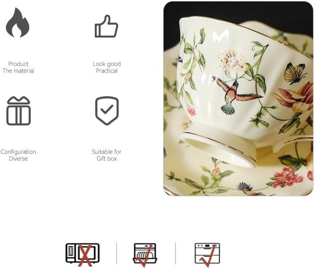 8 oz Vintage flower Ceramic cup and 6" saucer set with Brand customized stainless steel spoon Gifts for Afternoon Tea Coffee Hour (G)