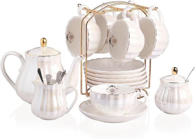 Sweejar Porcelain Tea Sets British Royal Series, 8 OZ Cups& Saucer Service for 6, with Teapot Sugar Bowl Cream Pitcher Teaspoons and tea strainer for Tea/Coffee (Coral White)