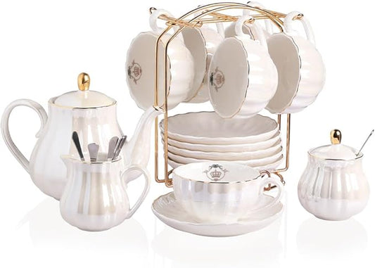 Sweejar Porcelain Tea Sets British Royal Series, 8 OZ Cups& Saucer Service for 6, with Teapot Sugar Bowl Cream Pitcher Teaspoons and tea strainer for Tea/Coffee (Coral White)