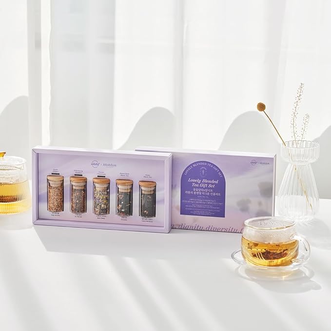 KKOKDAM Lovely Blending Tea Gift Set – Premium 5-Flavor Tea Sampler (3 Herbal & 2 Black Tea Blends) – Loose Leaf Tea Variety Pack in Glass Jars – Unique Korean Gift Box for Women, Mom & Tea Lovers