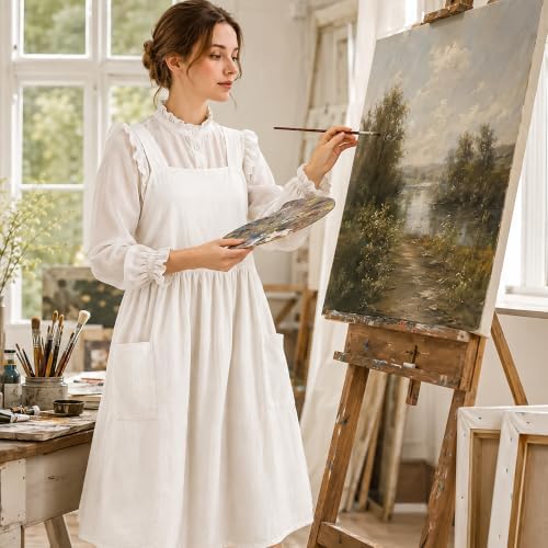 Uaussi Cotton Linen Apron Cross Back Work Apron for Women with Pockets Pinafore Dress X Cross Halter Apron for Chef Gardening - Image 4