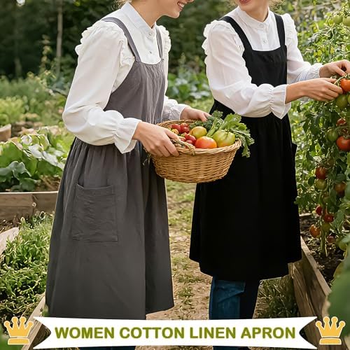 Uaussi Cotton Linen Apron Cross Back Work Apron for Women with Pockets Pinafore Dress X Cross Halter Apron for Chef Gardening - Image 3