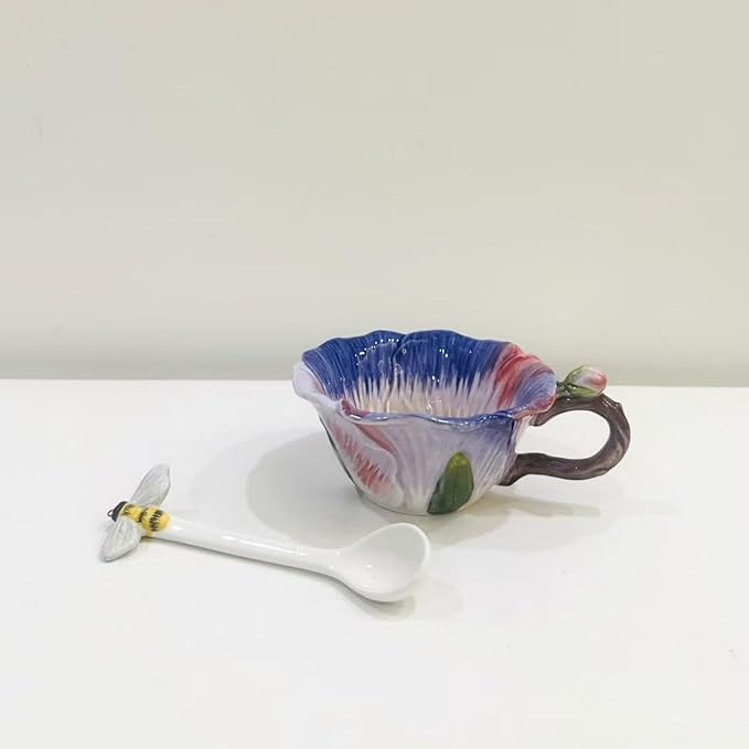 Ceramic Pansy Coffee Cup and Saucer Set with Spoon，6OZ 3D Hand-Painted Flower Tea Mug，Gift for Women (Pinkish Purple)