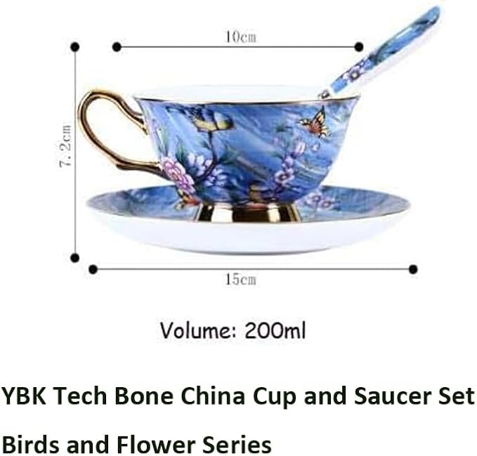 YBK Tech Euro Style Cup& Saucer Set Art Bone China Ceramic Tea Coffee Cup for Breakfast Home Kitchen- Birds and Trees Patterns (Blue Purple)