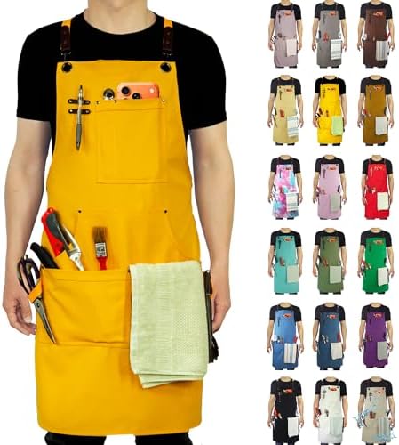 Kitchen Apron, Work Apron, Canvas Apron, Yellow | Multiple Pockets, Gardening, Painting, BBQ, Artist, Carpenter, Sizes M to XXL by Stenffy