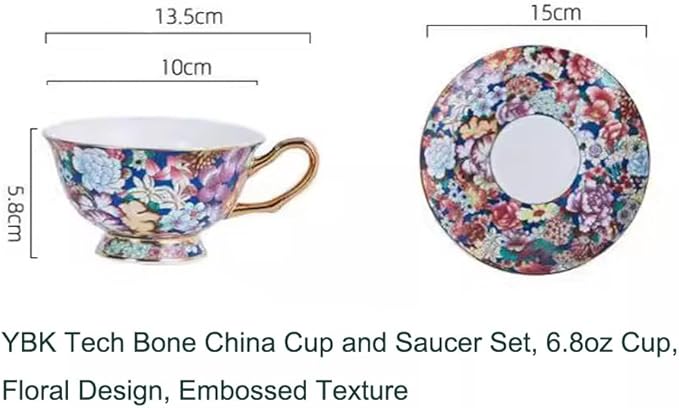 Cup& Saucer Set Bone China Tea Coffee Cup for Breakfast Afternoon Tea- Embossed Floral Pattern (Multicolor)