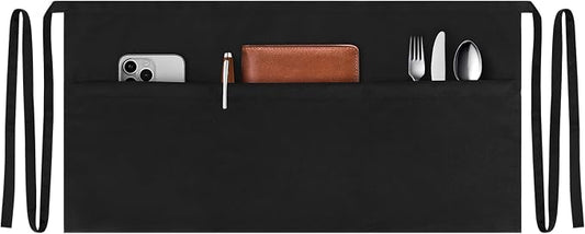 NLUS 1 Pack Server Apron with 3 Pockets, Water Oil Stain Resistant Waitress Waiter Apron Black Waist Aprons Bistro Apron for Women Men, 24 X 12 inch by NLUS