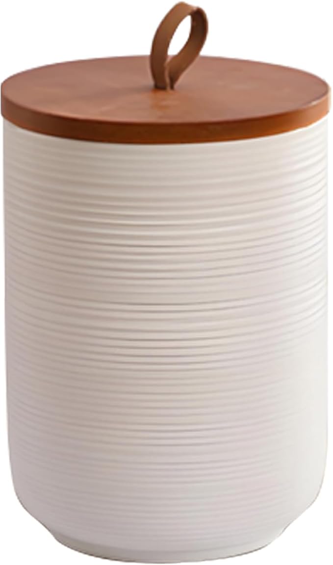 Food Storage Jar Strong Ceramic Storage Canisters with Airtight Wooden Lid,Kitchen Storage Containers for Serving Coffee Beans, Tea, Sugar, Salt, Spices (Medium white 27 oz)