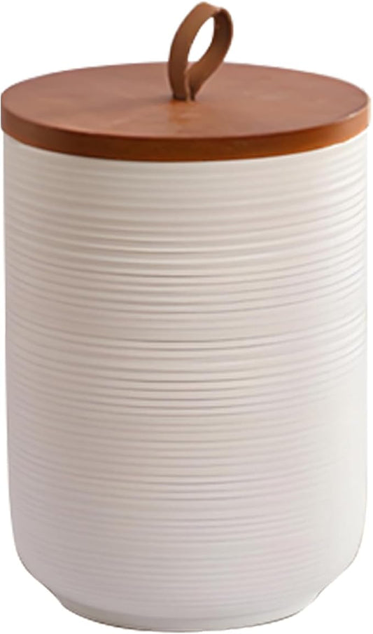 Food Storage Jar Strong Ceramic Storage Canisters with Airtight Wooden Lid,Kitchen Storage Containers for Serving Coffee Beans, Tea, Sugar, Salt, Spices (Medium white 27 oz)