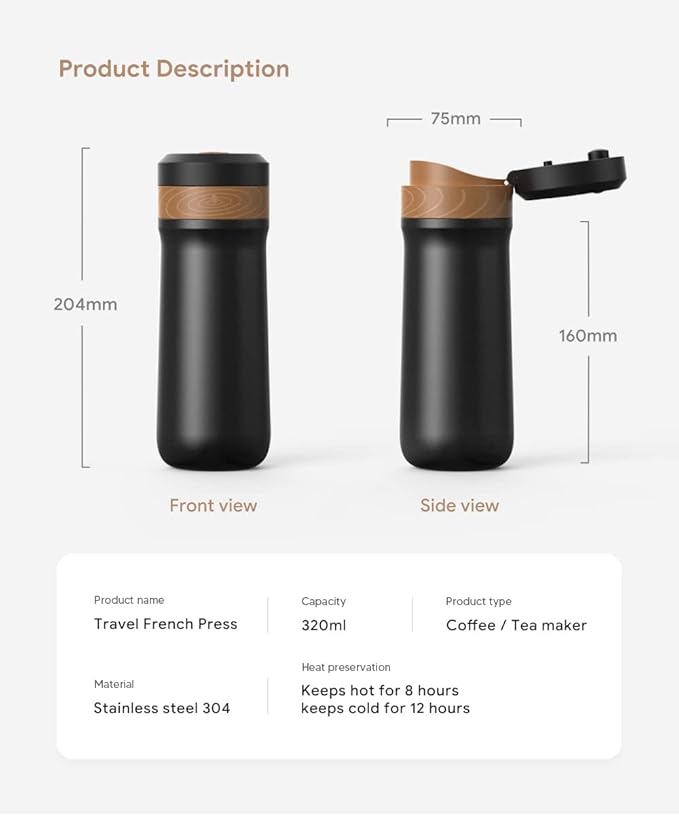 BENFUCHEN Portable French Press Coffee Maker Car-Go Vacuum Insulated Bottle, Travel French Coffee Maker With Unique Filter Stainless Steel Tea/Coffee Mug For Camping, 320ML