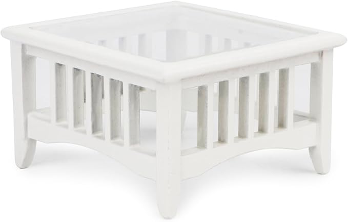 Dollhouse Coffee Table Miniature Furniture 1:12 Scale Wooden Tea Table Square Shape Side Tables Acrylic Tabletop Props Miniature End Table Living Room Pocket Desk Doll House Decoration Props (White)