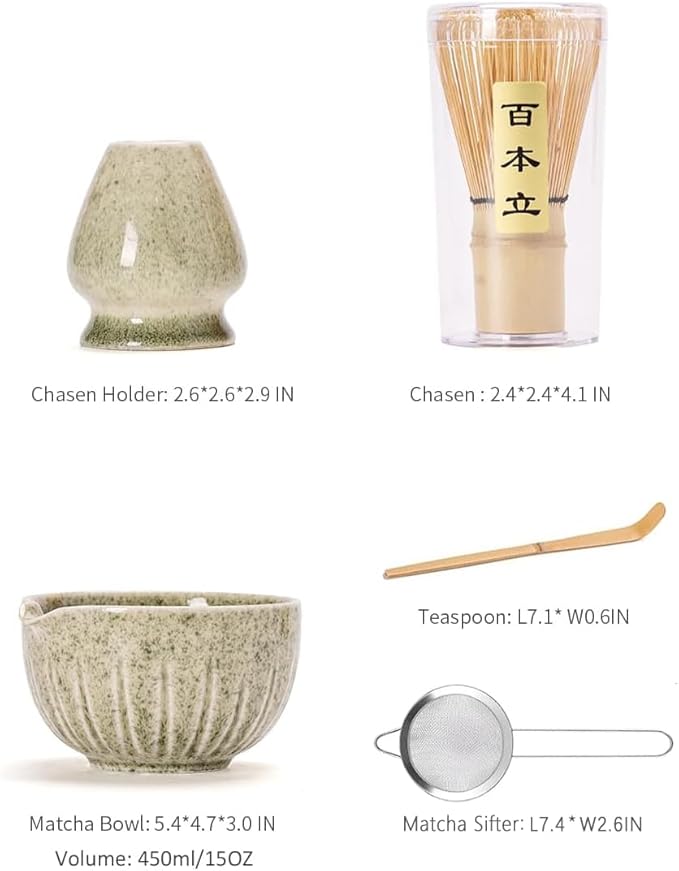 TANG PIN Matcha Set - Match Bowl and Whisk, 15 OZ, Matcha Scoop | Matcha Whisk Stand (Chasen Holder) - 5pc Perfect Matcha Kit for Matcha Tea Ceremony (Mottled Green)