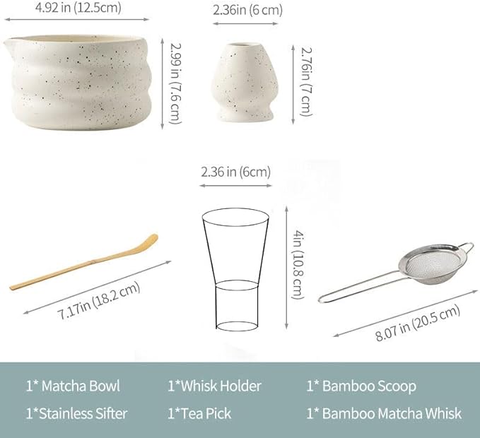 Matcha Whisk Set - 5PCS Ceramic Matcha Set Includes 19OZ Matcha Bowl with Spout, Bamboo Chasen Whisk with Ceramic Holder, Bamboo Scoop and Stainless Sifter, Gift for Matcha Lovers