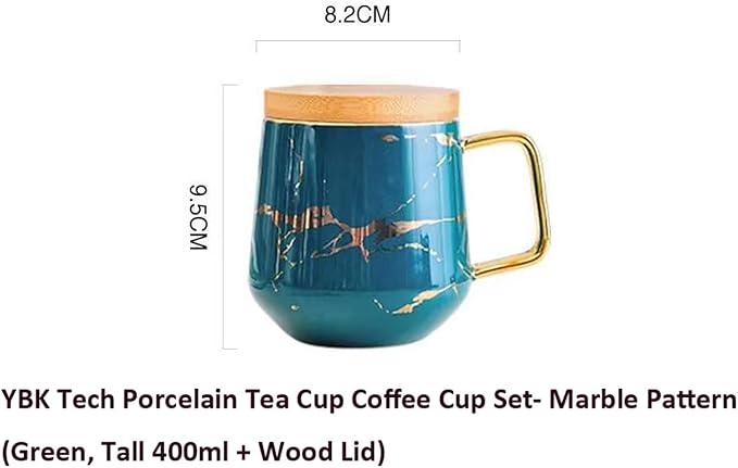 YBK Tech Porcelain Tea Cup Coffee Mug Set for Afternoon Tea - Marble Pattern (Green, Tall 400ml + wood lid)