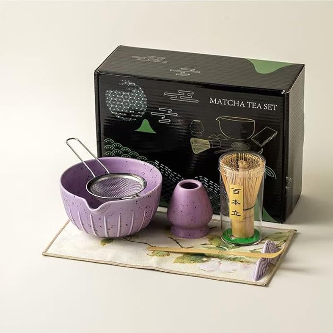 7Pcs Japanese Matcha Tea Set, Matcha Kit with Matcha Bowl (with Pouring Spout), Matcha Whisk, Whisk Holder, Strainer - Elegant Matcha Set for Gifting and Personal Use, Gift Box Packaging (Purple;)