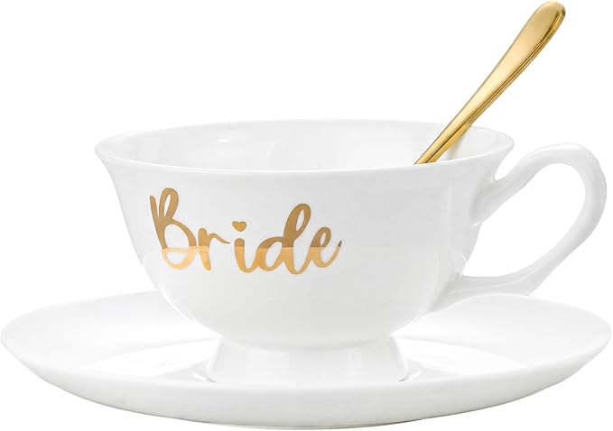 Rtteri Bride Teacup and Saucer Set 7oz Bridal Shower Teacup Porcelain Ceramic Tea Cups for Bridal Shower Tea Party Wedding Decor Victorian Elegant Coffee(Vintage Color,Floral)