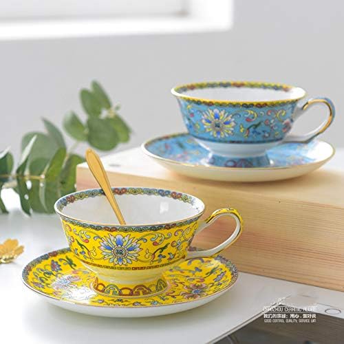 Cup& Saucer Set Bone China Tea Coffee Cup for Breakfast Afternoon Tea- Classic Enamel Patterns (Yellow)