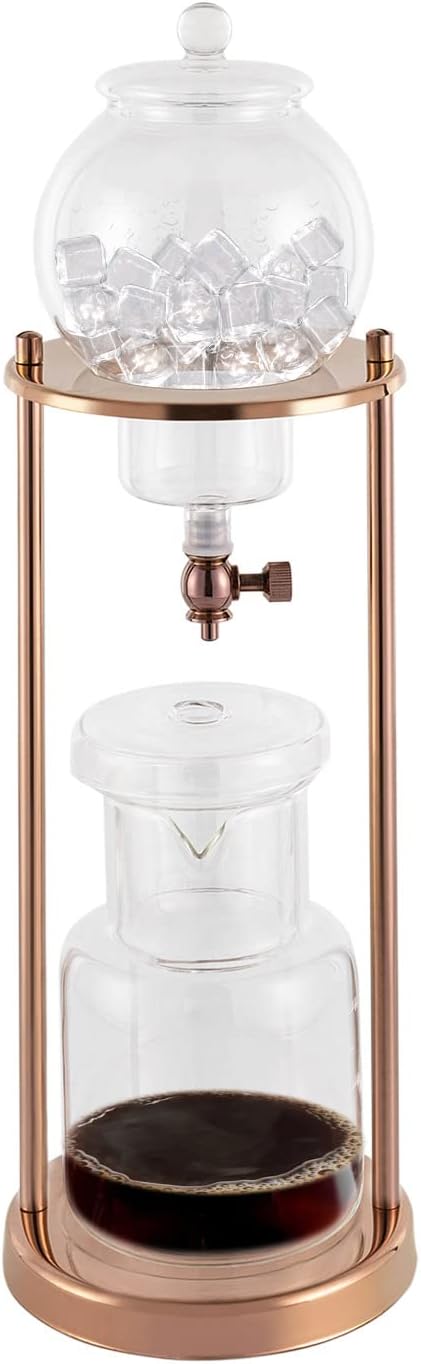 Ice Cold Brew Dripper Coffee Maker, 600Ml Ice Coffee Makers Cold Brew Machine Stainless Steel and Borosilicate Glass Copper Coffee Maker Extraction Approx 4h 2drops/S for 6-8 People (Gold)