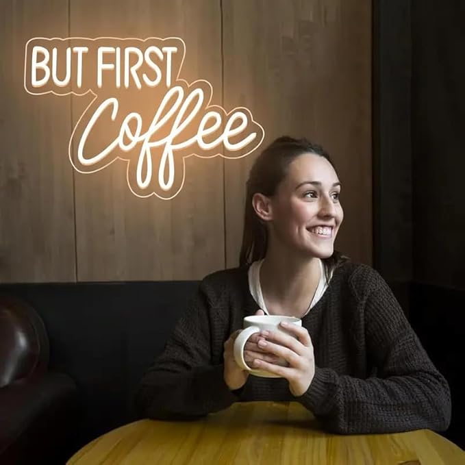 BUT FIRST Coffee Neon Sign - Adjustable Brightness LED Coffee Bar Sign for Cafe Shops, Home Bars, and Bedroom Decor, Modern Cafe Bar USB Powered