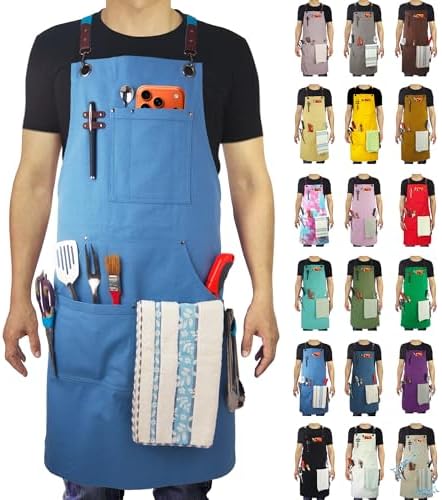Kitchen Apron, Work Apron, Canvas Apron, SkyBlue | Multiple Pockets, Gardening, Painting, BBQ, Carpenter, Sizes M to XXL by Stenffy