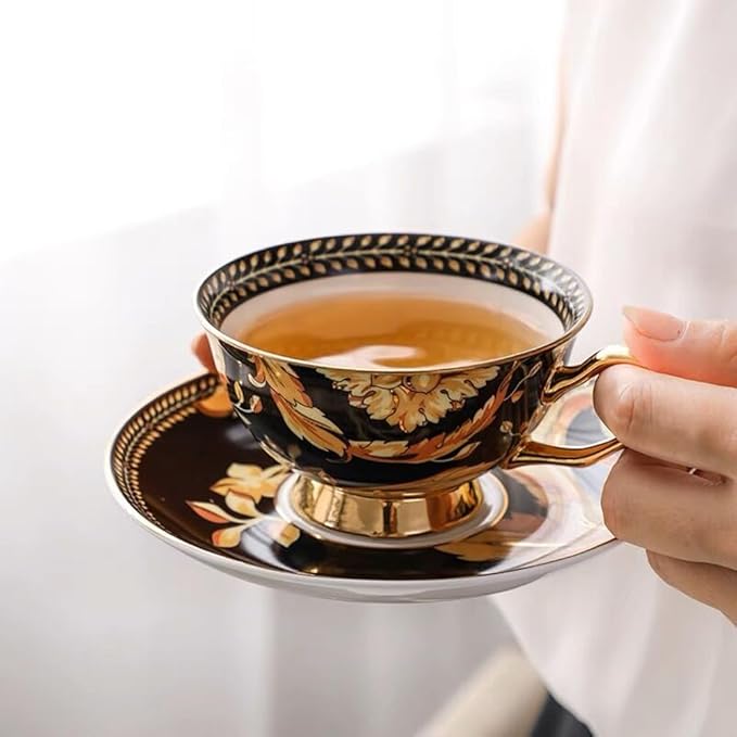 Cup& Saucer Set Bone China Tea Coffee Cup for Breakfast Afternoon Tea- Phoenix Feather (Black)