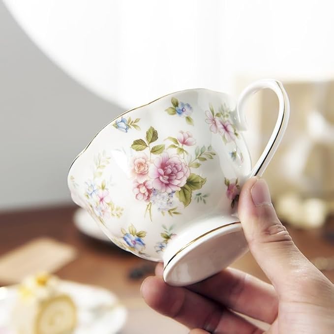8 oz Vintage flower Ceramic cup and 6" saucer set with Brand customized stainless steel spoon Gifts for Afternoon Tea Coffee Hour (H)
