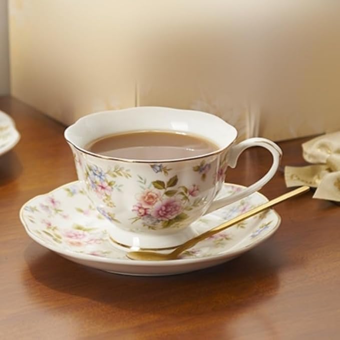 8 oz Vintage flower Ceramic cup and 6" saucer set with Brand customized stainless steel spoon Gifts for Afternoon Tea Coffee Hour (H)