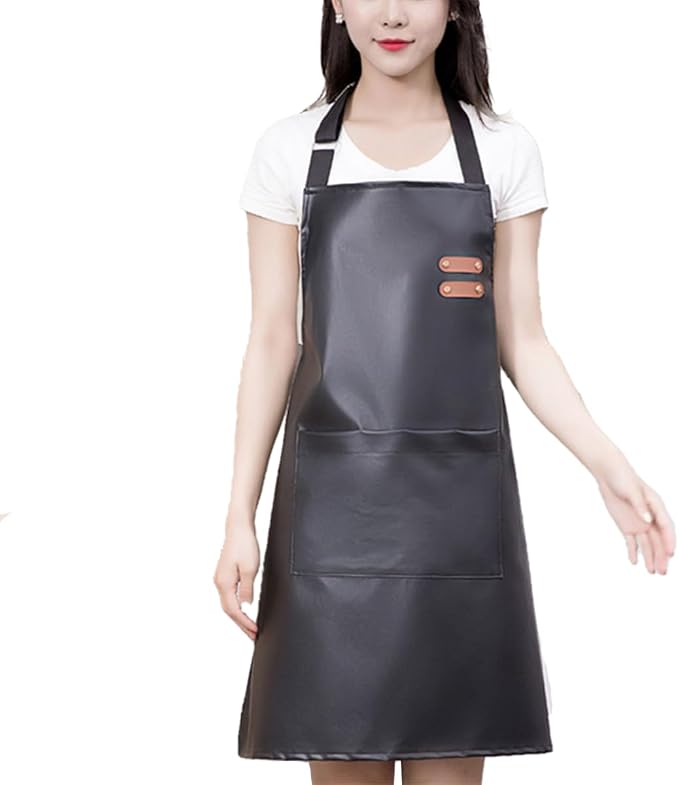 Waterproof Apron Large Pocket PU Material Waterproof Oil-proof Dust-proof Apron Black and Red by NailArtTools
