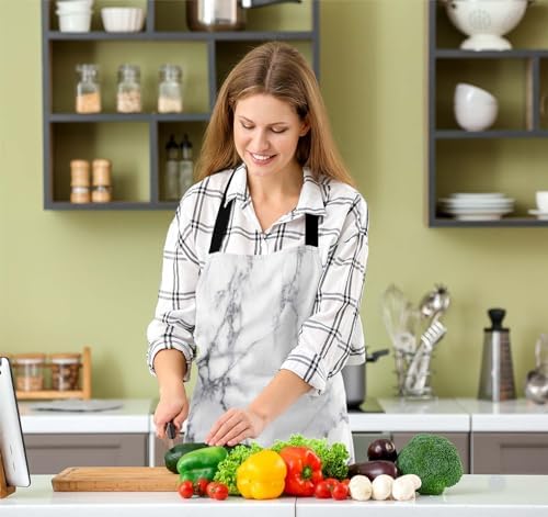 White Marble Texture Waterproof Apron Kitchen Chef Aprons Bibs for Grooming Cooking Baking Painting Gardening - Image 5