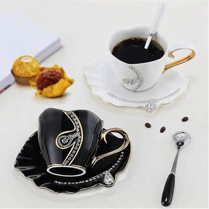 Ceramic Tea Cup and Saucer Set Decorative Rhinestone Coffee Mug Gift for Women 7oz (White)