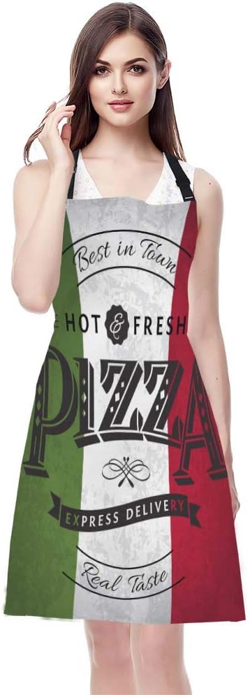 WONDERTIFY Pizza Apron,Best in Town Pizzeria Retro Poster on Grunge Backgrounds Green White Red Bib Apron with Adjustable Neck for Men Women,Suitable for Kitchen Cooking Chef Grill Bistro BBQ Apron