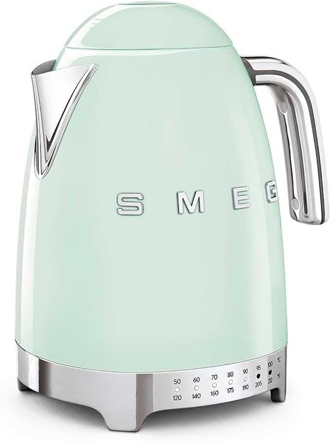 SMEG 7-Cup Variable Temperature Electric Kettle - Retro Style Aesthetic with Advanced Technology - Stainless Steel, 1400W, 120V, 360° Swivel Base, Keep Warm Function (Pastel Green)