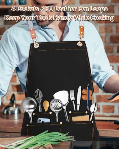 Teskyer Canvas Kitchen Apron with 4 Pockets | Cross Back or Adjustable Strap Design, 4 Utility Pockets, Water & Oil Resistant Fabric for Cooking Gardening & Crafts - Image 3