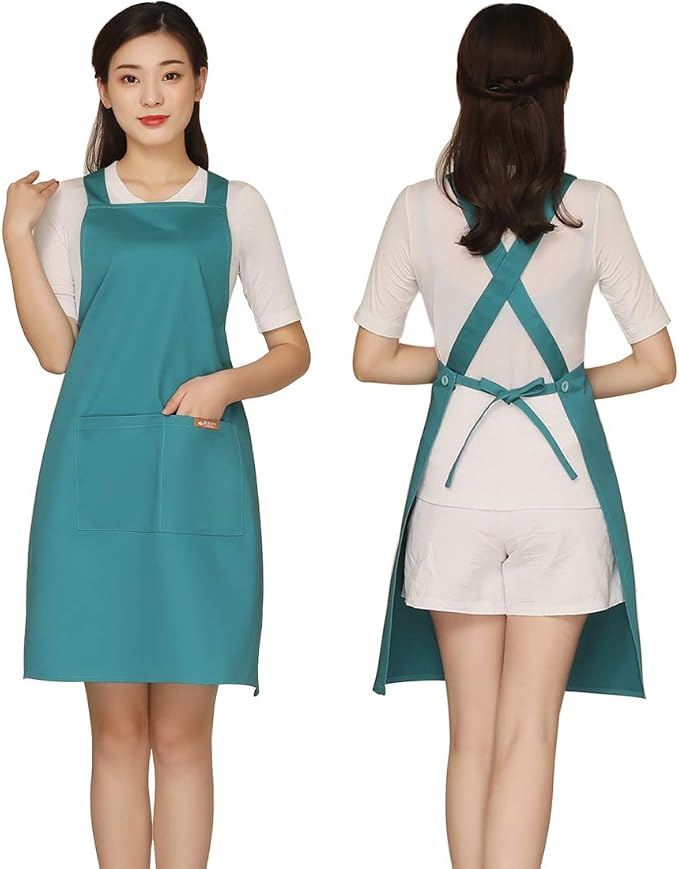NEWGEM 100% Cotton Cross Back Apron for Women with 2 Pockets - Adjustable Button Straps Pinafore, No Neck Pain Kitchen Chef Apron for Baking, Gardening, Art Teacher (Light Green) by NEWGEM