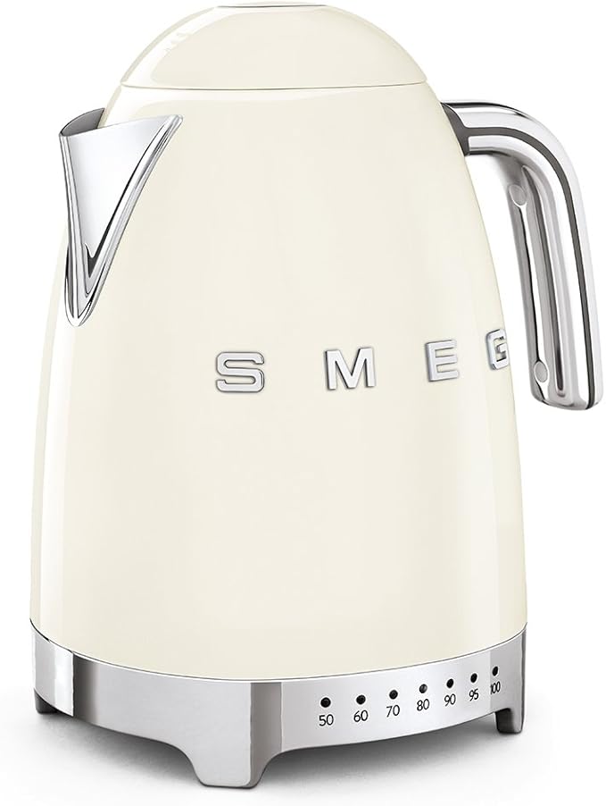 Smeg 50's Retro 7 Cup Stainless Steel Variable Temperature Electric Kettle with 7 Temperature Settings, Led Display, Swivel Base and Keep Warm Function Cream KLF04CRUS