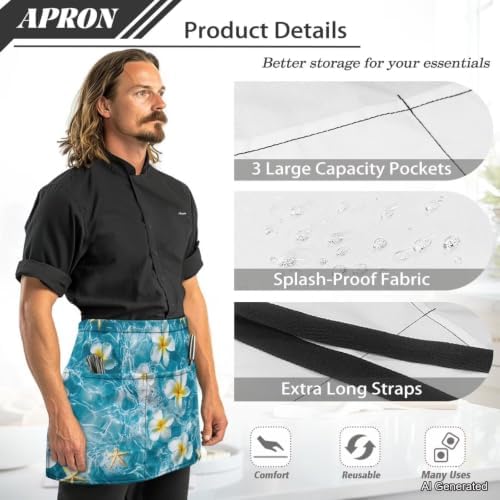 Server Apron with 3 Pockets 13 Inch Short Half Waist Aprons Waterproof Cooking Aprons for Women Men - Image 6