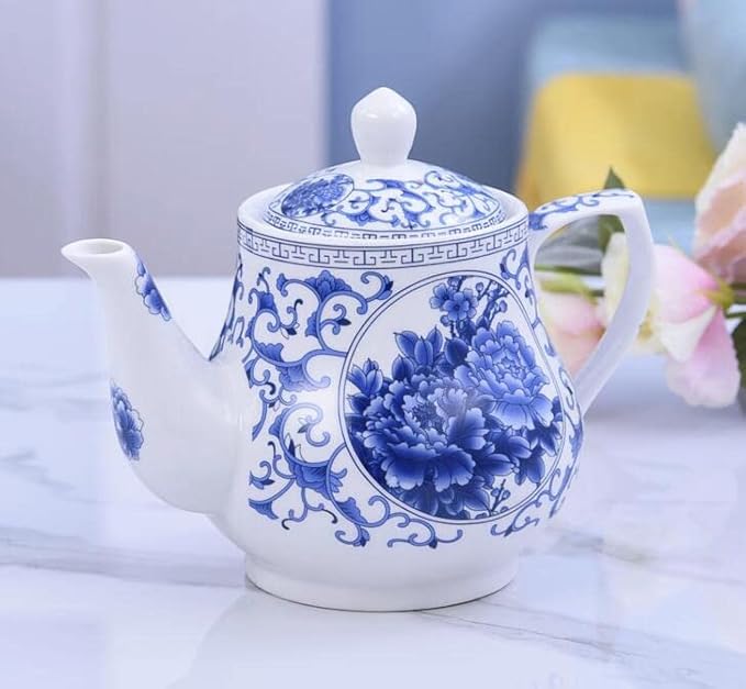 123Arts 26oz Teapot, Blue and White Teapot, Ceramic Tea Pot, Tea Pot for Home Office, 800ml