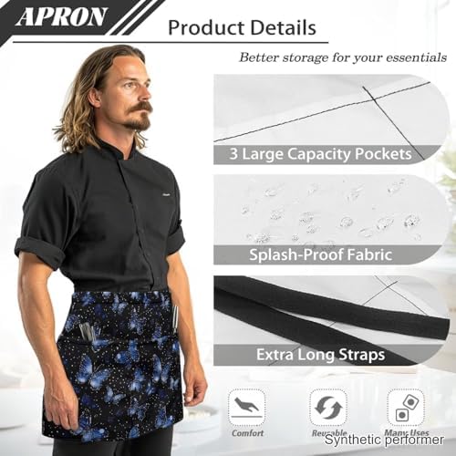 Server Apron with 3 Pockets 13 Inch Short Half Waist Aprons Waterproof Cooking Aprons for Women Men - Image 6
