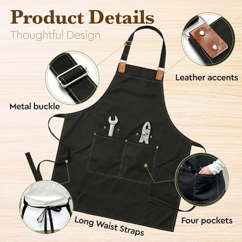206 GSM Thickened Work Apron with 4 Pockets, Waterproof Resistant Kitchen Apron for Men,Women, Adjustable Apron for Cooking BBQ Barber Barista Server Tattoo Artist Gardening - Image 3